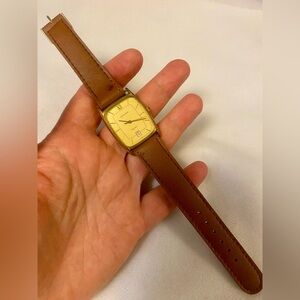 Gold Square Face Brown Leather Watch. Vintage Bucherer Leather band watches